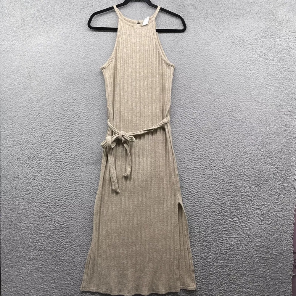 Amadi Anthropologie Womens Dress Beige Midi Sleeveless Mock Neck Belt Size S
